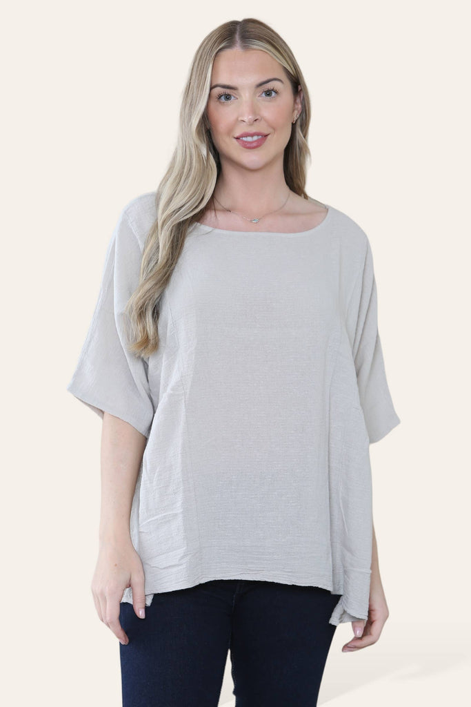 PURE COTTON PLAIN BASIC TOP WITH RUCHED SIDES: PINK