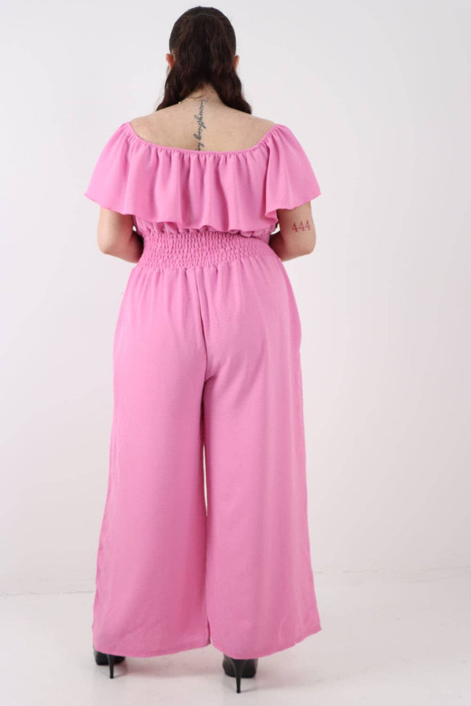 ITALIAN BARDOT OVERLAY SHIRRED ELASTICATED WAIST JUMPSUIT: BRIGHT PINK