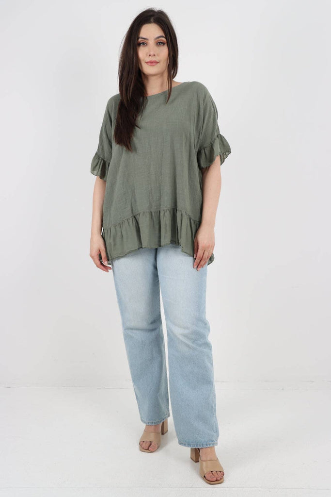 ITALIAN LAGENLOOK RUFFLE HEM COTTON TOP: DARK DENIM