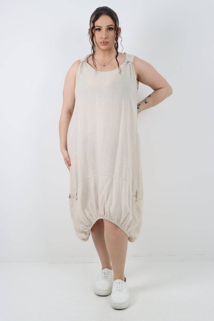 ITALIAN PLAIN BUTTON FRONT POCKETS LINEN VEST MIDI DRESS: DARK GREY