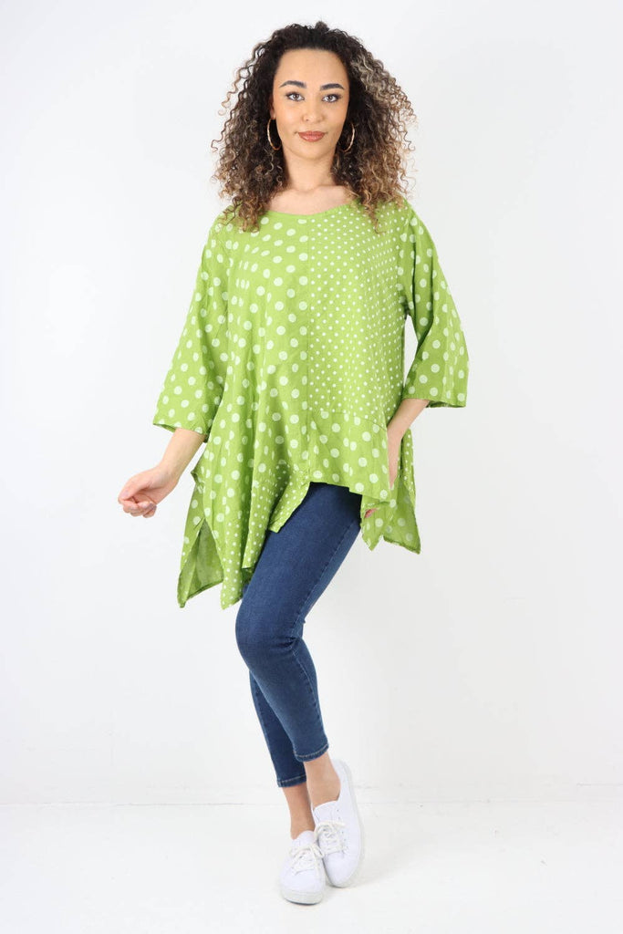 ITALIAN POLKA DOT PRINT ASYMMETRIC COTTON TUNIC TOP: GREY