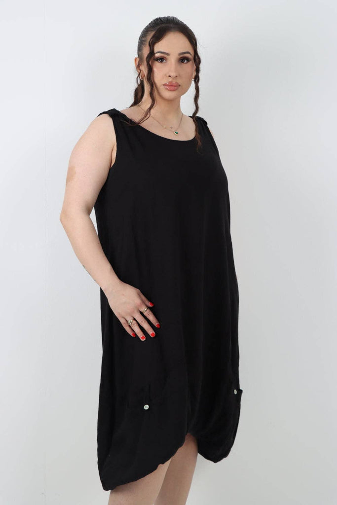 ITALIAN PLAIN BUTTON FRONT POCKETS LINEN VEST MIDI DRESS: DARK GREY