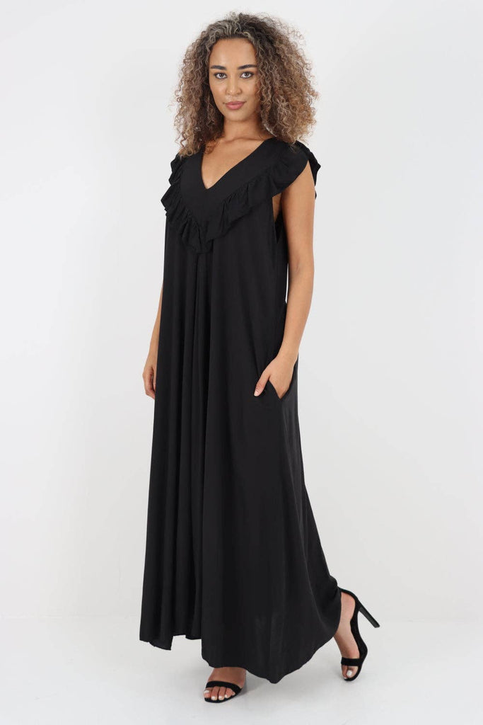 ITALIAN FRILL V NECK SIDE POCKETS MAXI DRESS: PINK / ONE SIZE TO FIT UK 8-18