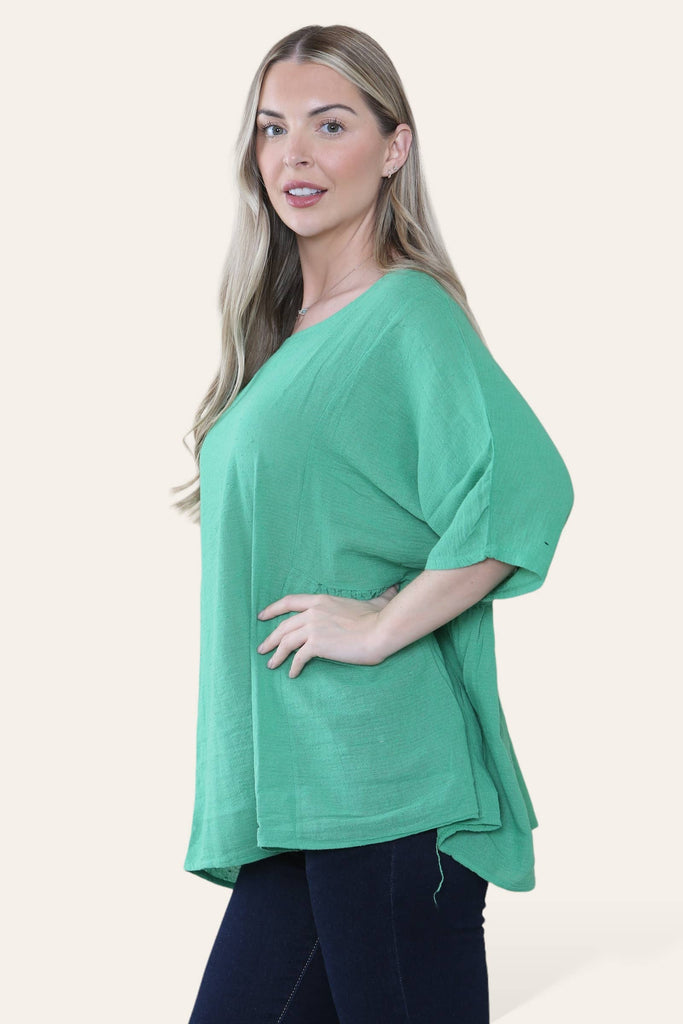 PURE COTTON PLAIN BASIC TOP WITH RUCHED SIDES: PINK