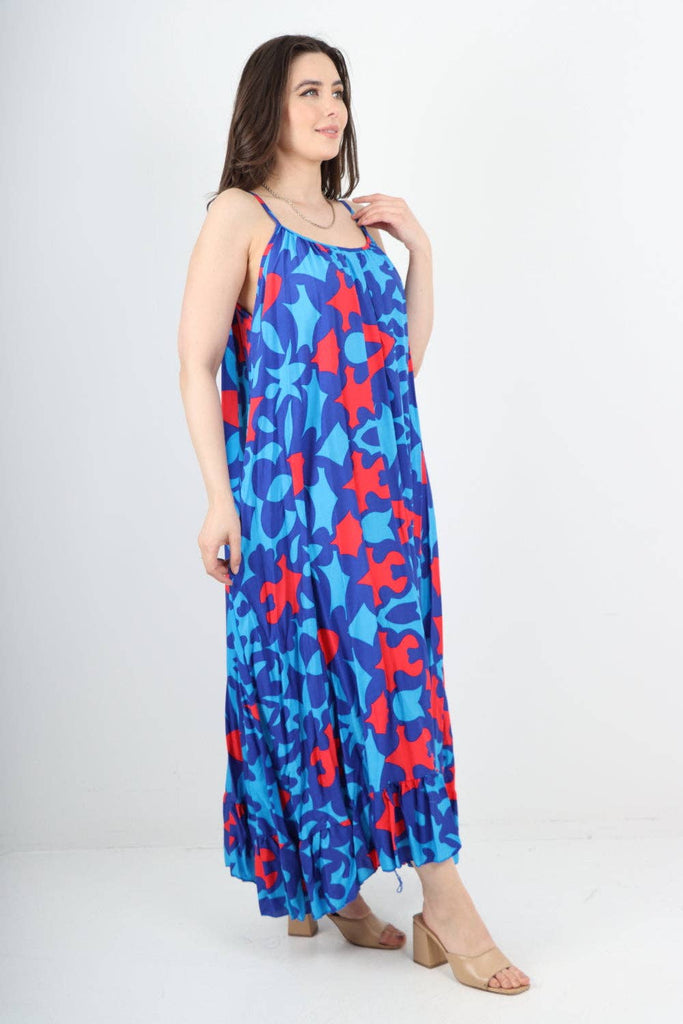 ITALIAN MULTI PATTERN PRINT  FRILL BOTTOM SLEEVELESS VEST SUN DRESS: ROYAL BLUE