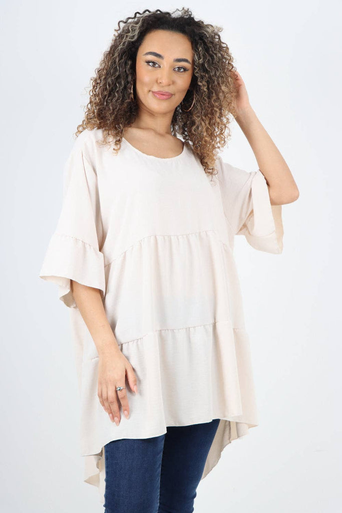 ITALIAN DIP HEM SHORT SLEEVE ROUND NECK TIERED SMOCK DRESS: GREY