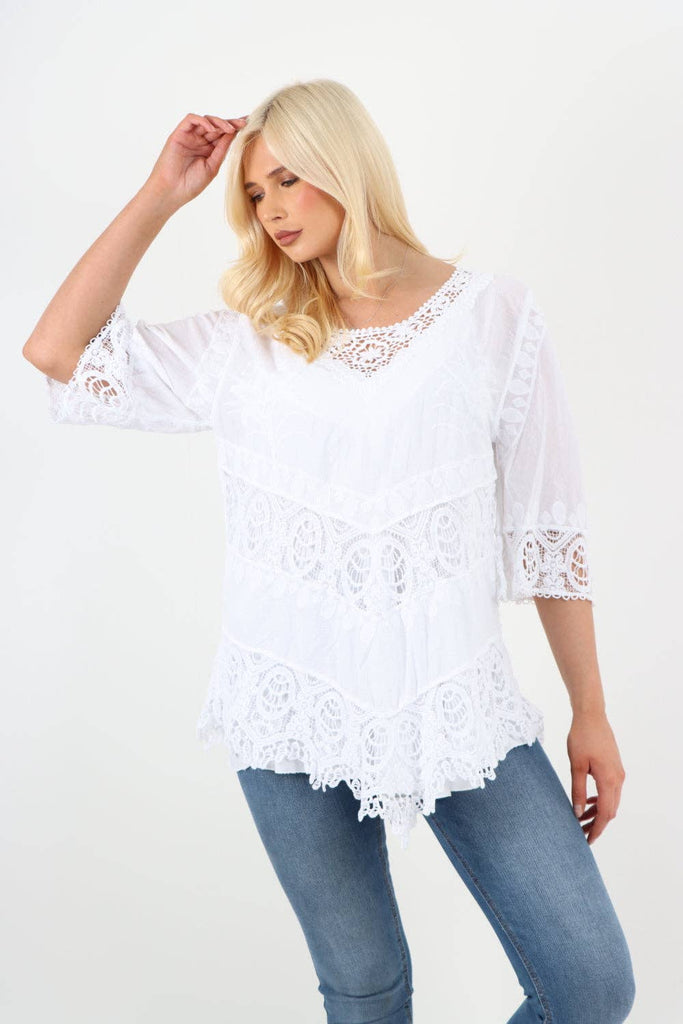 ITALIAN CROCHET LACE EMBROIDERED ASYMMETRICAL COTTON TOP: WHITE