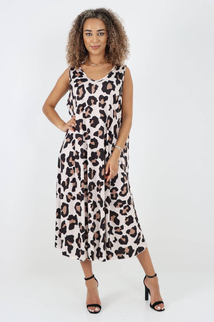 ITALIAN ANIMAL PRINTED SLEEVELESS VEST MIDI DRESS: KHAKI / ONE SIZE TO FIT UK 8-16