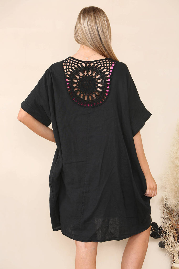 EMBROIDERED BACK LINEN SUMMER DRESS: BLACK