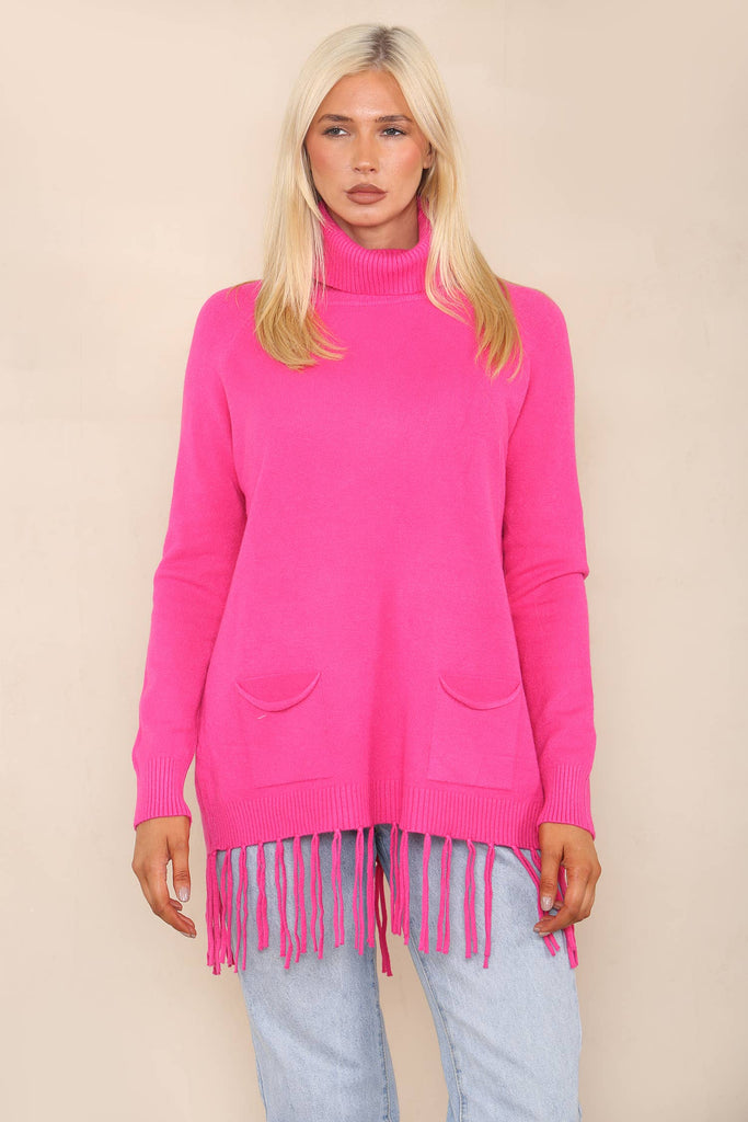 TASSEL TRIM HIGH NECK JUMPER FUCHSIA