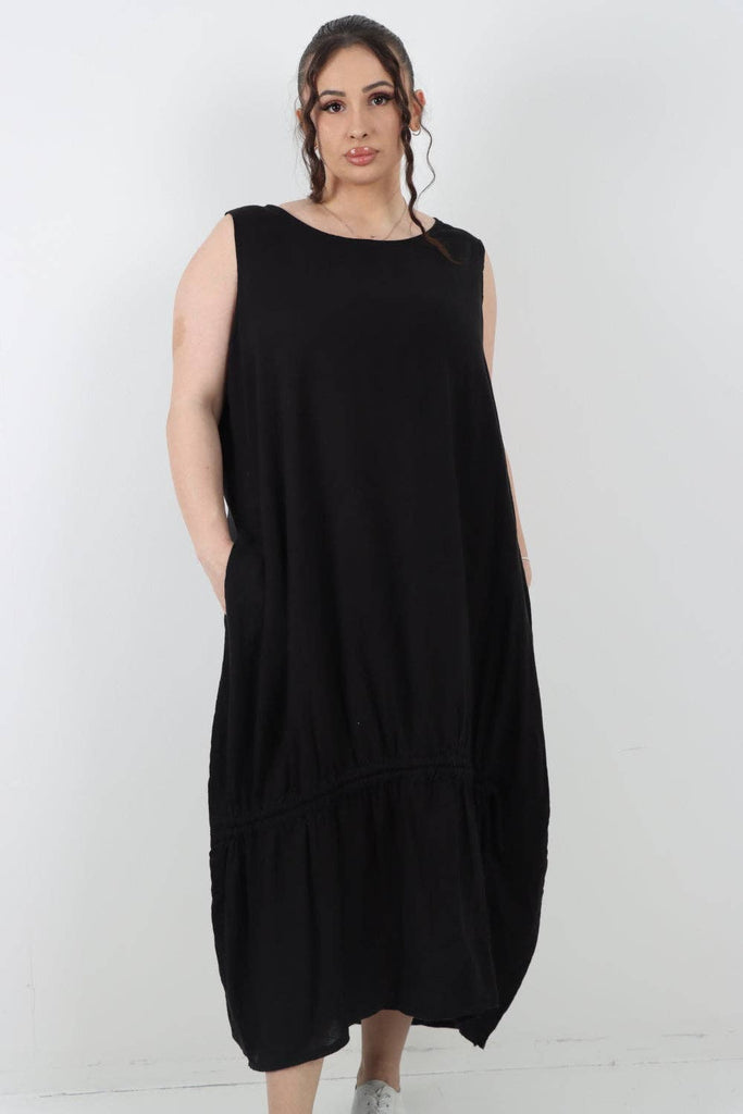 ITALIAN OVERSIZED BLEND PULL TIE COCOON SLEEVELESS DRESS: NAVY