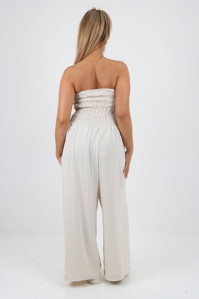 ITALIAN SHIRRED ELASTICATED WIDE LEG JUMPSUIT: BEIGE