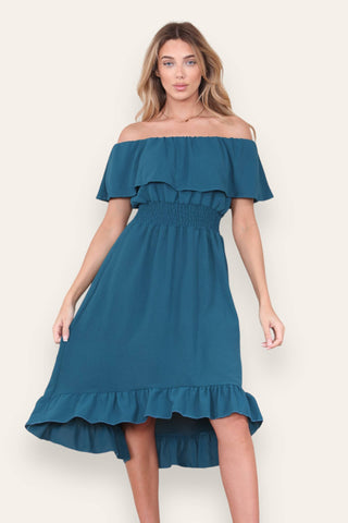 BUTLER BARDOT HIGH LOW ROUCHED WAIST MAXI DRESS: TEAL