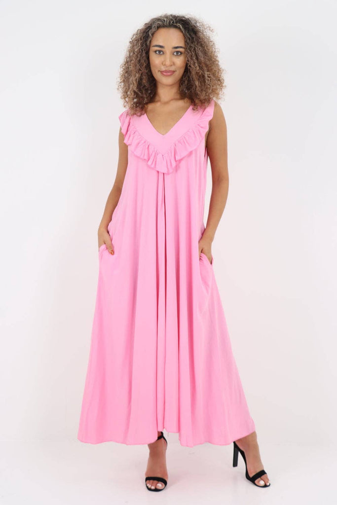 ITALIAN FRILL V NECK SIDE POCKETS MAXI DRESS: PINK / ONE SIZE TO FIT UK 8-18