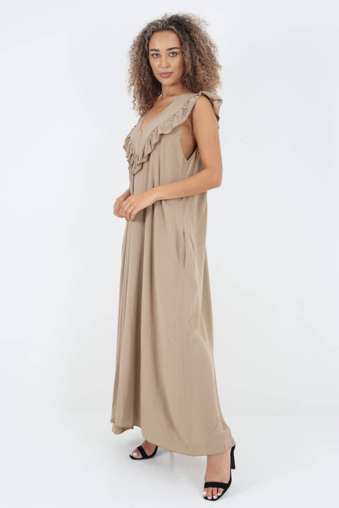 ITALIAN FRILL V NECK SIDE POCKETS MAXI DRESS: PINK / ONE SIZE TO FIT UK 8-18