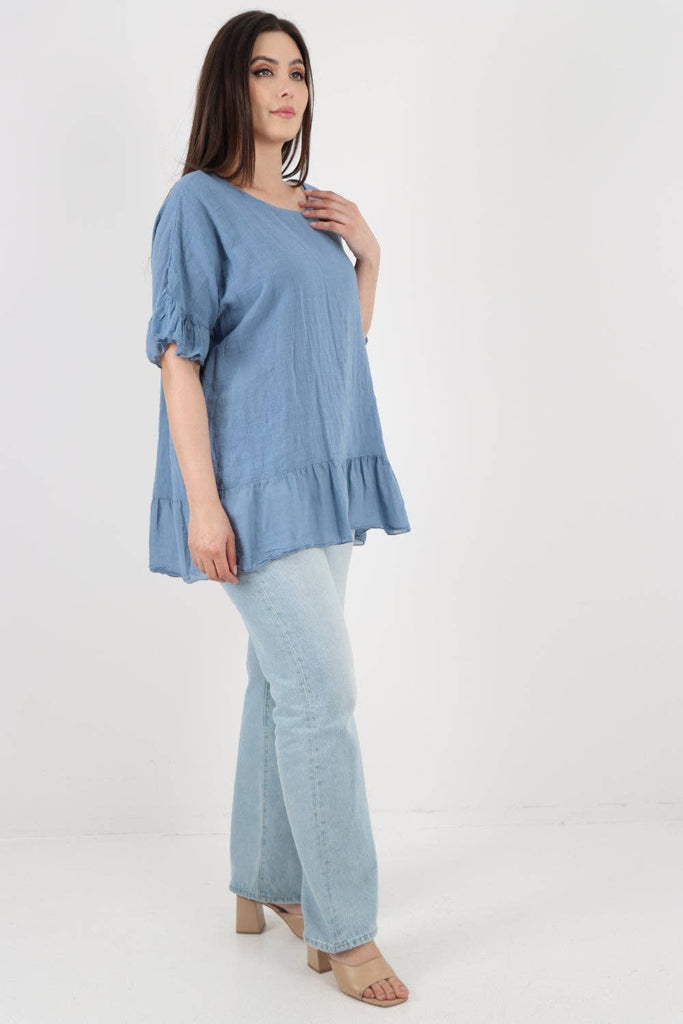 ITALIAN LAGENLOOK RUFFLE HEM COTTON TOP: DARK DENIM