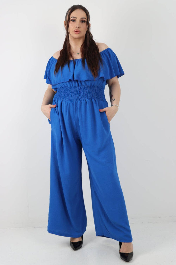 ITALIAN BARDOT OVERLAY SHIRRED ELASTICATED WAIST JUMPSUIT: BRIGHT PINK