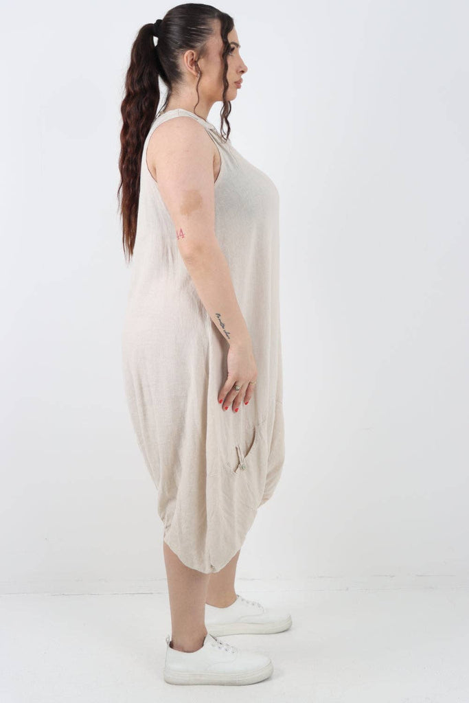 ITALIAN PLAIN BUTTON FRONT POCKETS LINEN VEST MIDI DRESS: OCEAN