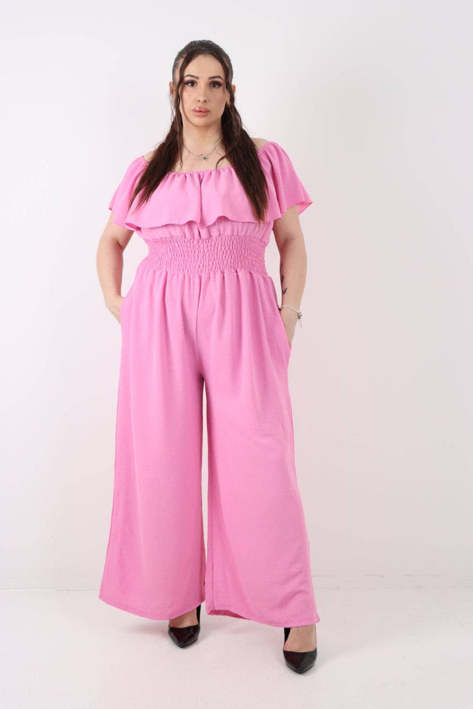 ITALIAN BARDOT OVERLAY SHIRRED ELASTICATED WAIST JUMPSUIT: BRIGHT PINK