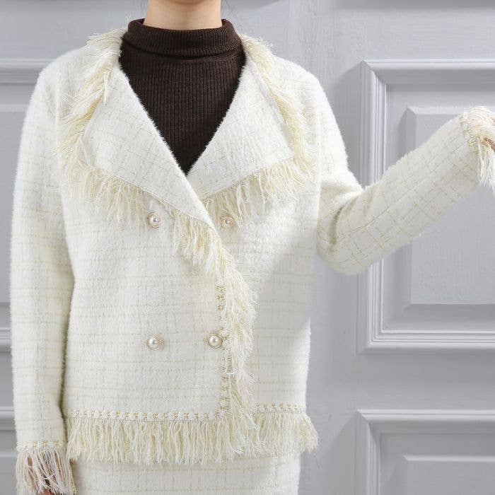 CLASSIC TWEED CARDIGAN WITH FRINGE : CREAM