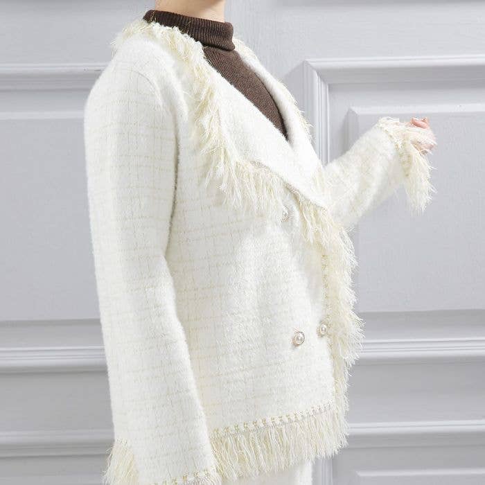 CLASSIC TWEED CARDIGAN WITH FRINGE : CREAM