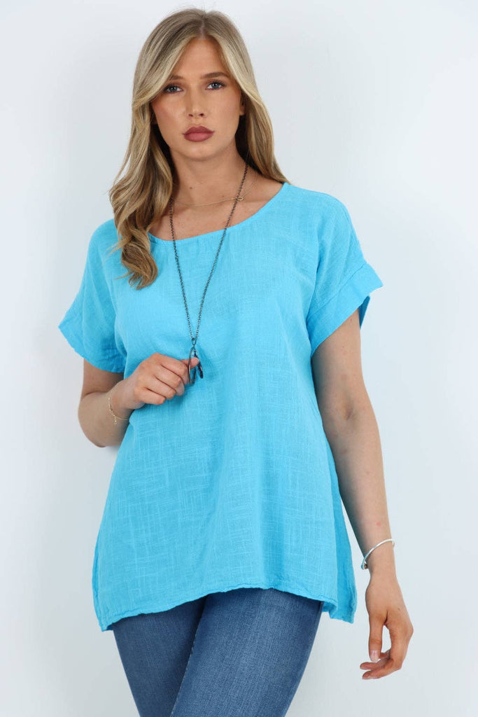 ITALIAN SHORT SLEEVE COTTON NECKLACE TOP: CORAL