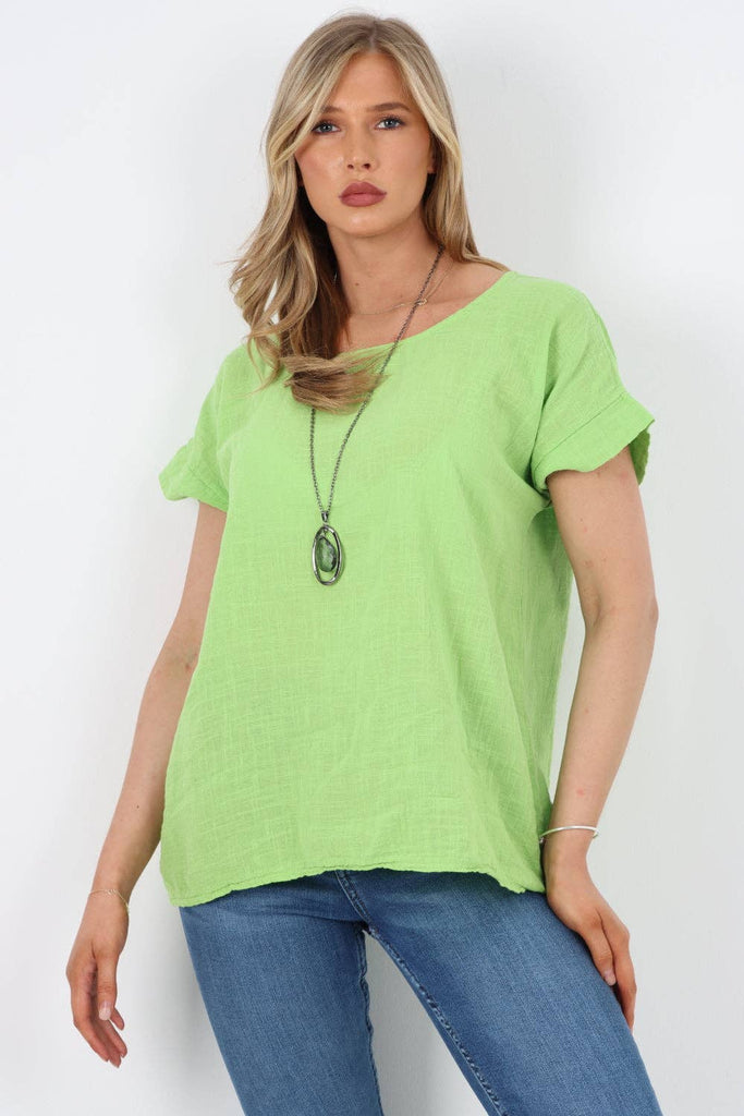 ITALIAN SHORT SLEEVE COTTON NECKLACE TOP: CORAL