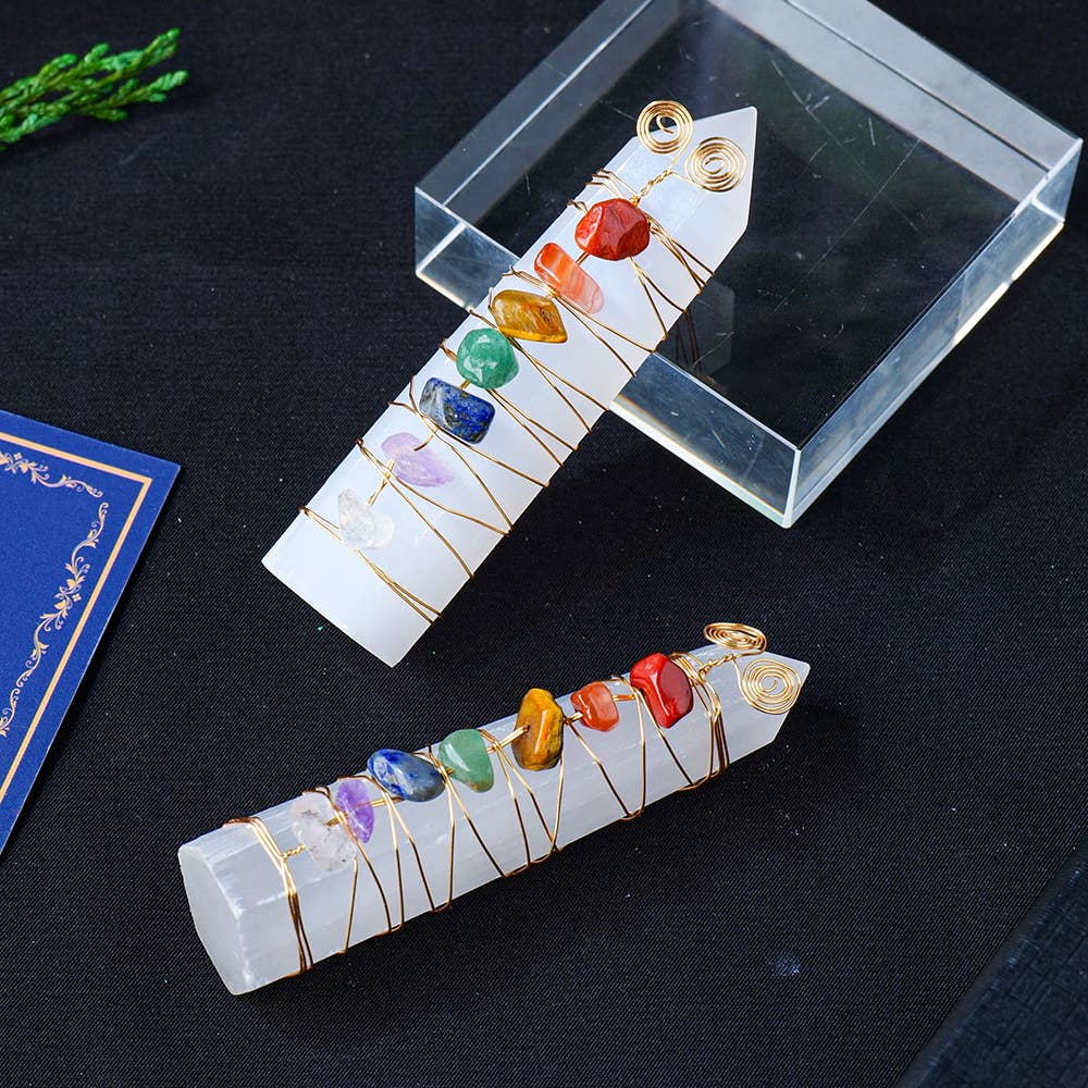 RAINBOW CHAKRA WHITE SELENITE CRYSTAL POINT