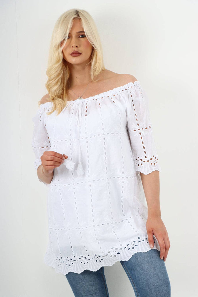 ITALIAN BARDOT WHITE COTTON HALF SLEEVE TUNIC TOP: WHITE