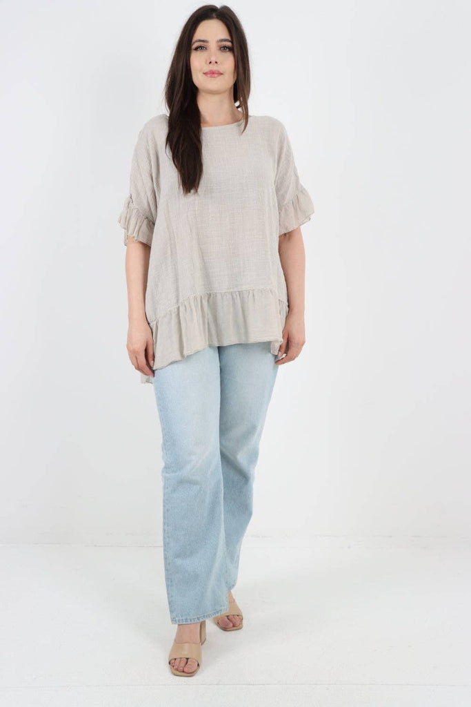 ITALIAN LAGENLOOK RUFFLE HEM COTTON TOP: DARK DENIM