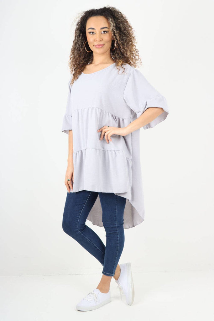 ITALIAN DIP HEM SHORT SLEEVE ROUND NECK TIERED SMOCK DRESS: GREY