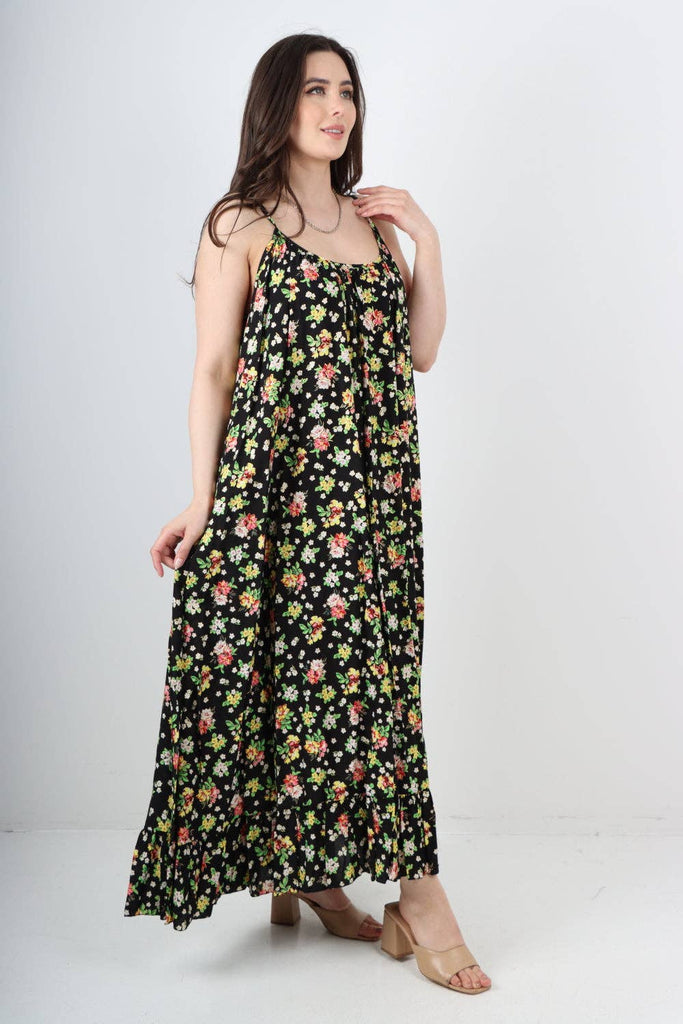 ITALIAN SMALL FLORAL PRINT  FRILL BOTTOM SLEEVELESS VEST SUN DRESS: APPLE GREEN