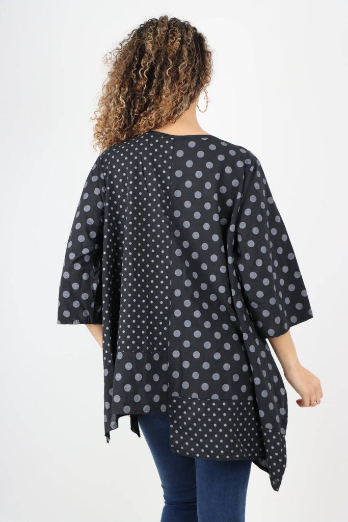 ITALIAN POLKA DOT PRINT ASYMMETRIC COTTON TUNIC TOP: GREY