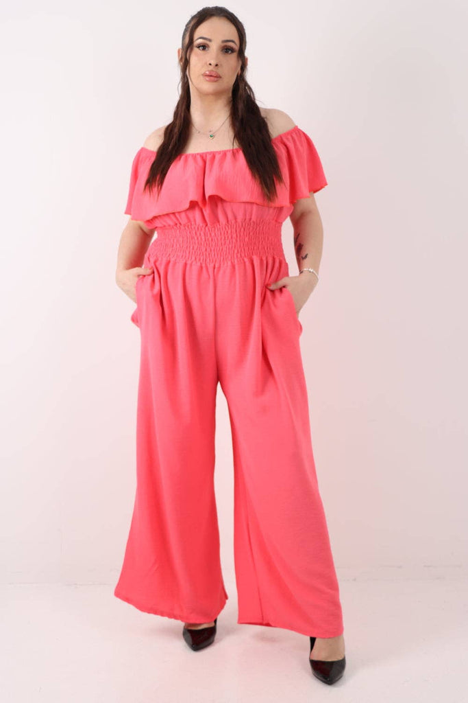 ITALIAN BARDOT OVERLAY SHIRRED ELASTICATED WAIST JUMPSUIT: BRIGHT PINK