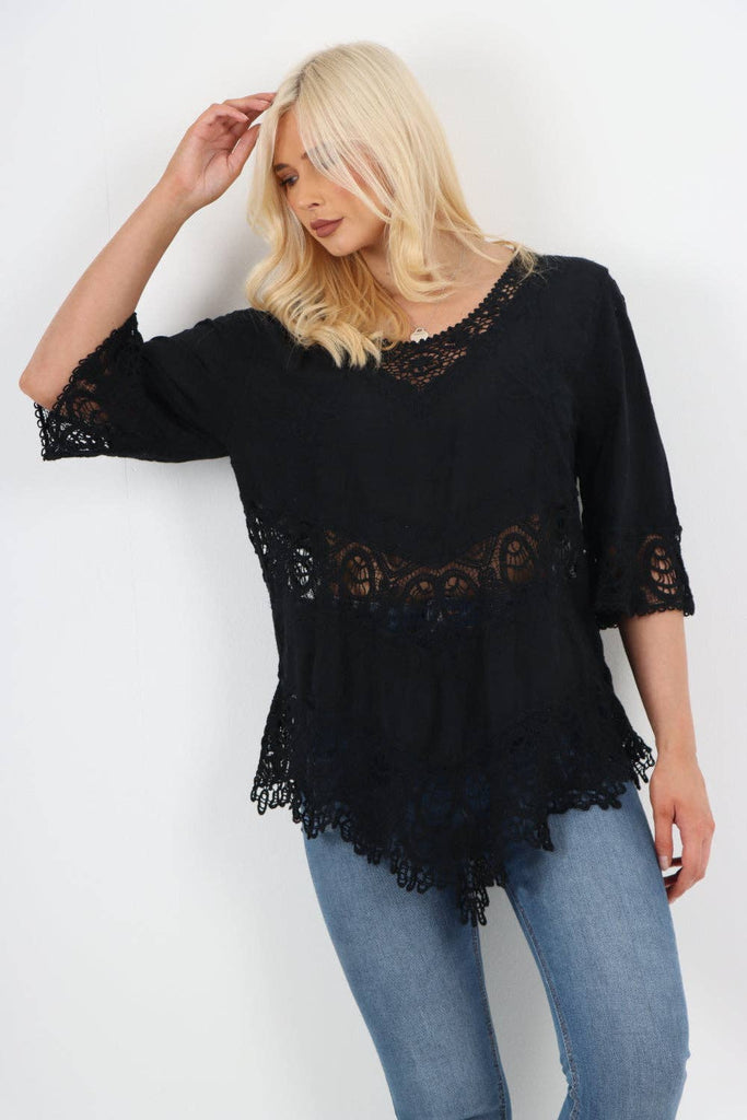 ITALIAN CROCHET LACE EMBROIDERED ASYMMETRICAL COTTON TOP: WHITE