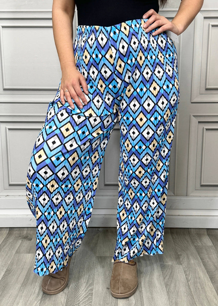 MULTI PRINT SUPER STRETCHY PLEATED PANTS : ROYAL BLUE & WHITE