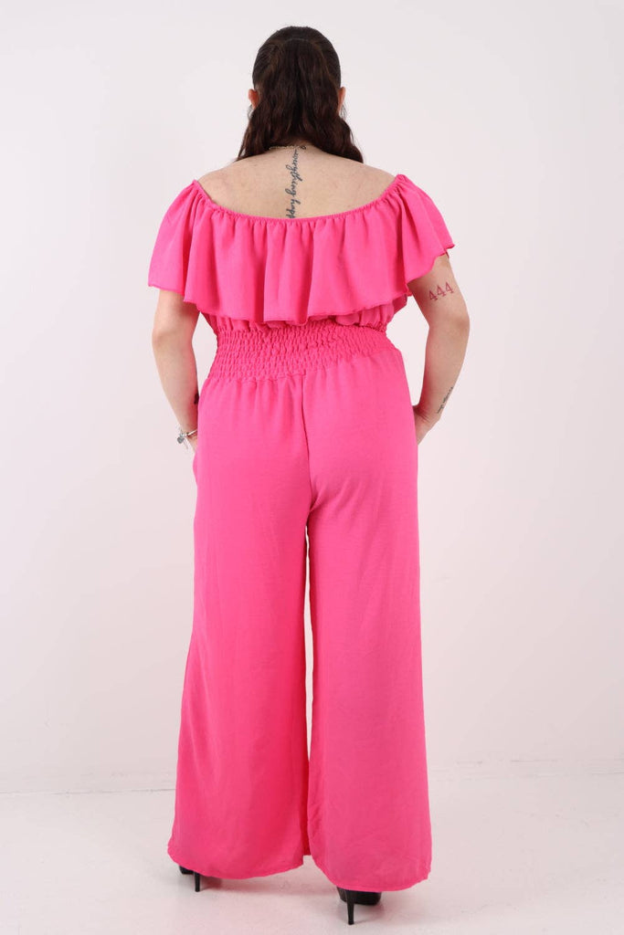 ITALIAN BARDOT OVERLAY SHIRRED ELASTICATED WAIST JUMPSUIT: BRIGHT PINK