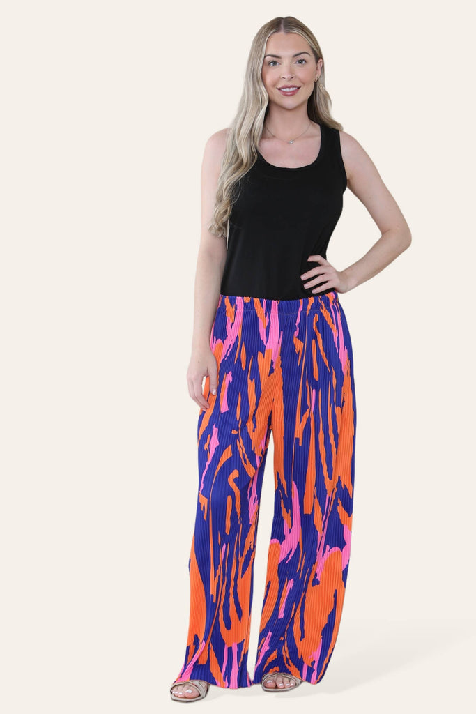 MULTI PRINT SUPER STRETCHY PLEATED PANTS : PURPLE&ORANGE