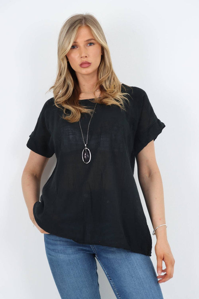 ITALIAN SHORT SLEEVE COTTON NECKLACE TOP: CORAL