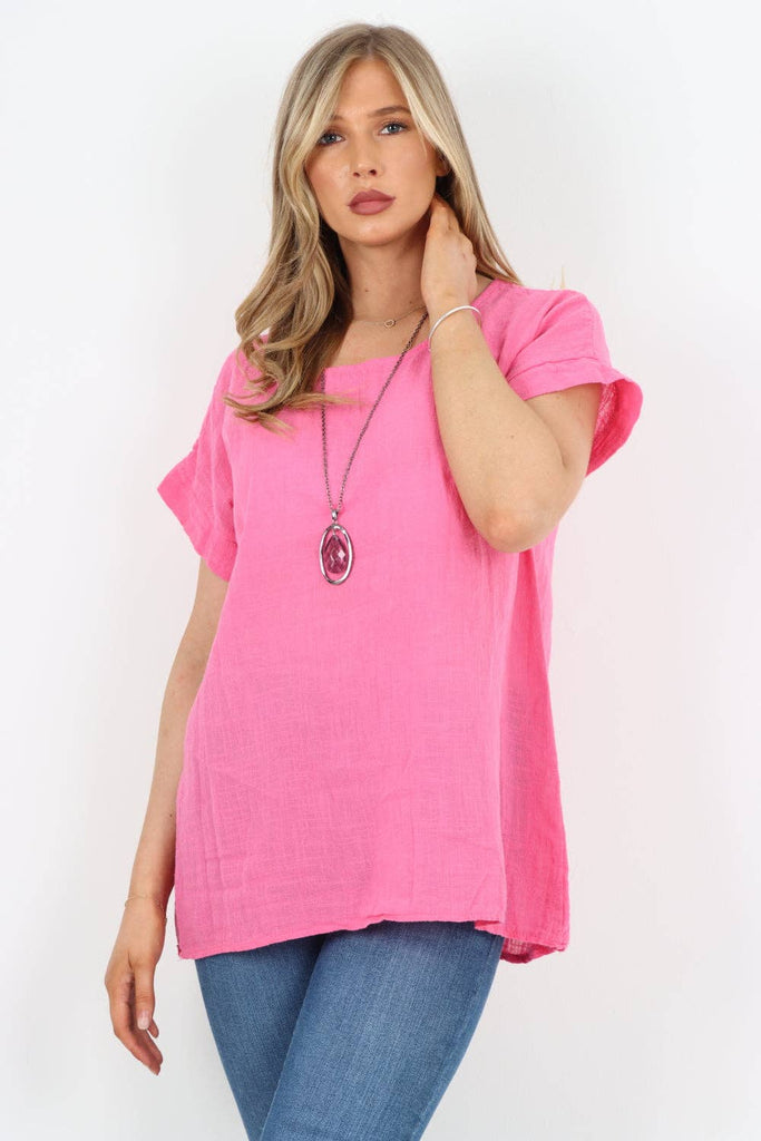 ITALIAN SHORT SLEEVE COTTON NECKLACE TOP: CORAL