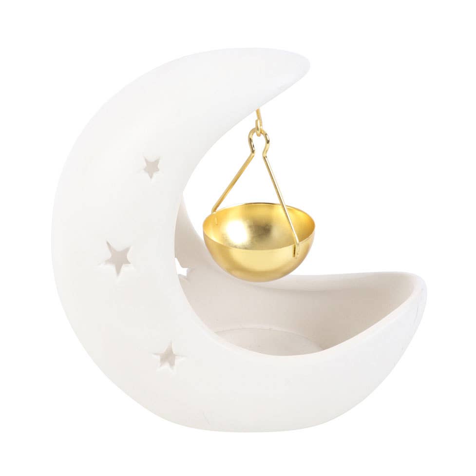 WHITE CRESCENT MOON OIL BURNER WITH METAL DISH