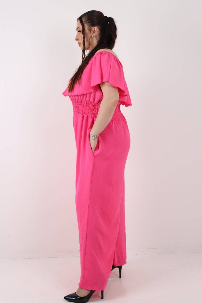 ITALIAN BARDOT OVERLAY SHIRRED ELASTICATED WAIST JUMPSUIT: BRIGHT PINK