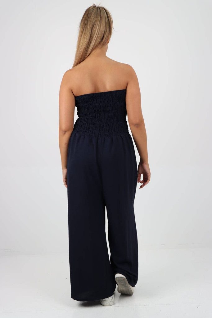 ITALIAN SHIRRED ELASTICATED WIDE LEG JUMPSUIT: BEIGE