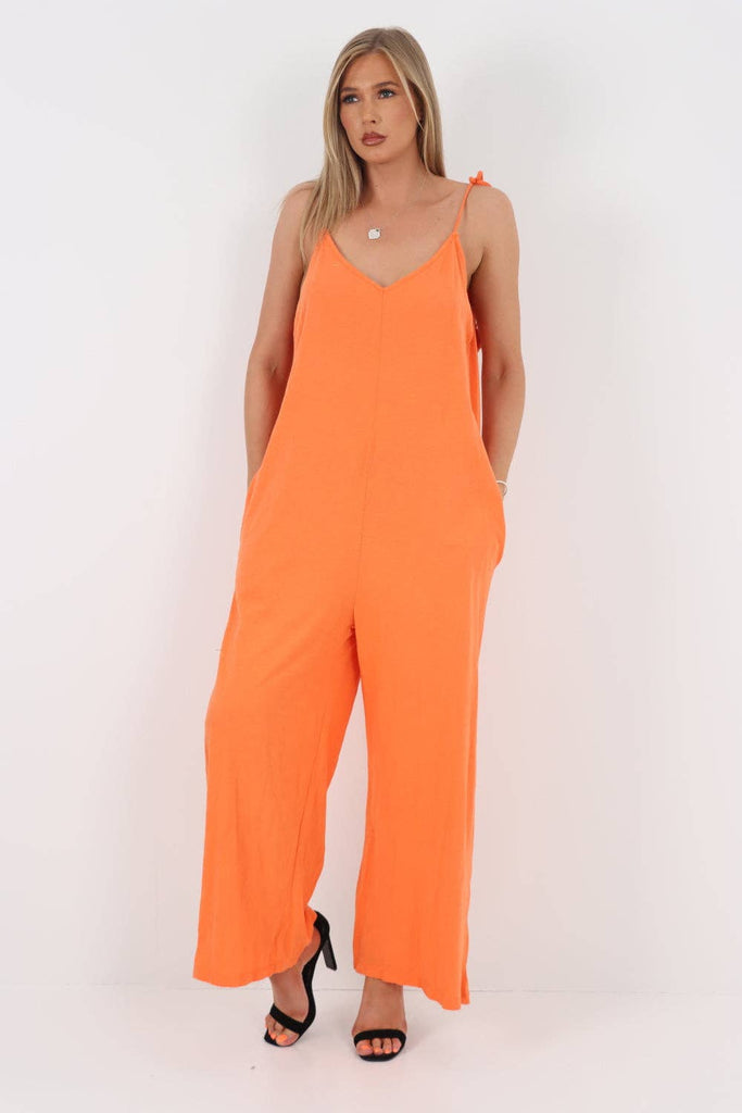 ITALIAN TIE SHOULDER STRAP JUMPSUITS: ORANGE / ONE SIZE TO FIT UK 8-18