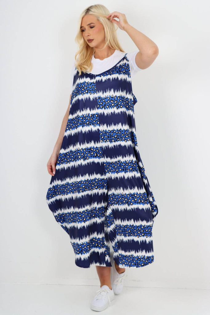 ITALIAN TIE DYE ANIMAL PRINT V NECK JUMPSUIT: BLUE