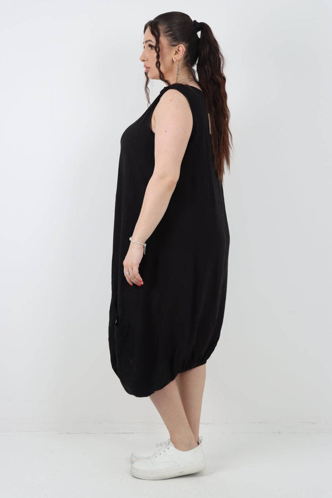 ITALIAN PLAIN BUTTON FRONT POCKETS LINEN VEST MIDI DRESS: OCEAN