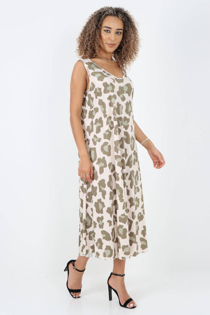 ITALIAN ANIMAL PRINTED SLEEVELESS VEST MIDI DRESS: KHAKI / ONE SIZE TO FIT UK 8-16