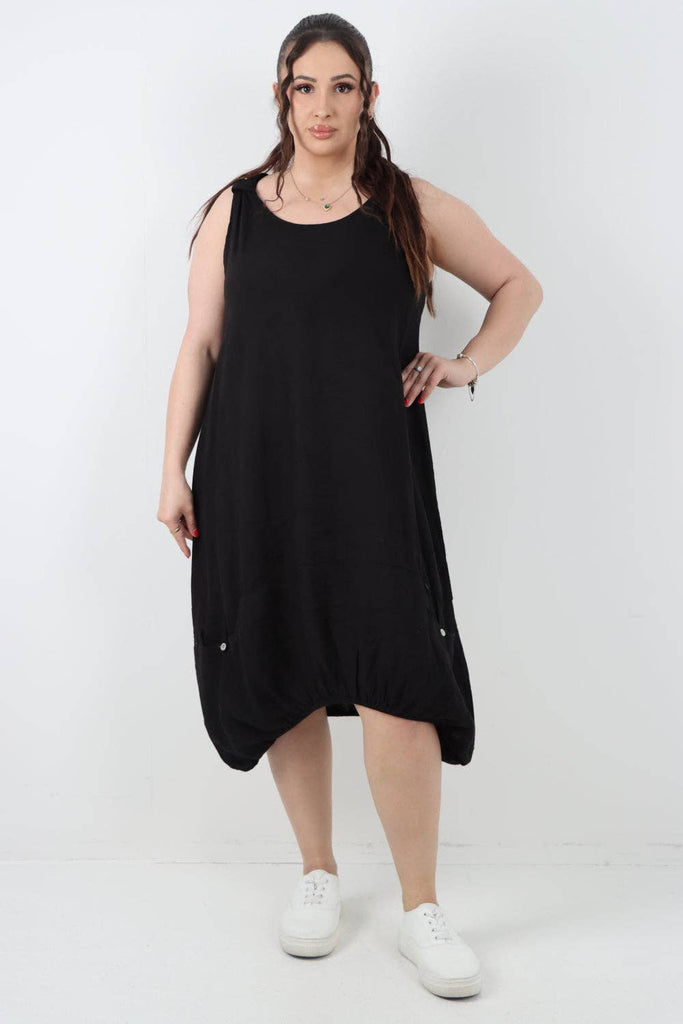 ITALIAN PLAIN BUTTON FRONT POCKETS LINEN VEST MIDI DRESS: DARK GREY