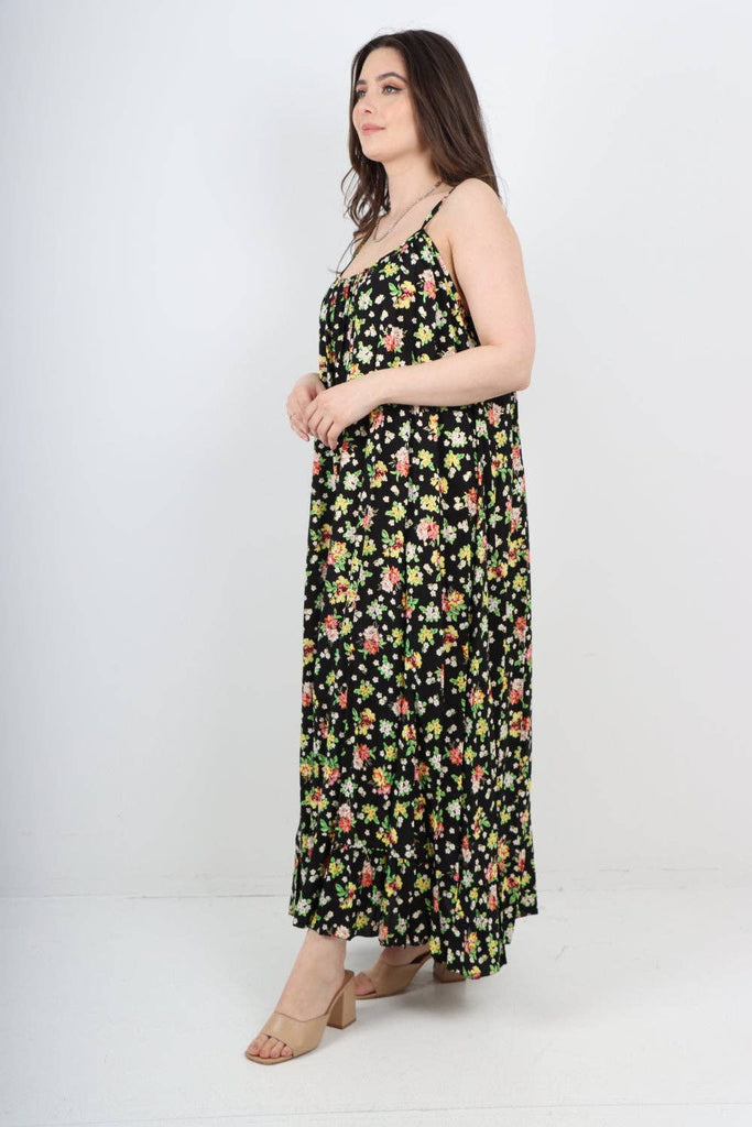 ITALIAN SMALL FLORAL PRINT  FRILL BOTTOM SLEEVELESS VEST SUN DRESS: APPLE GREEN