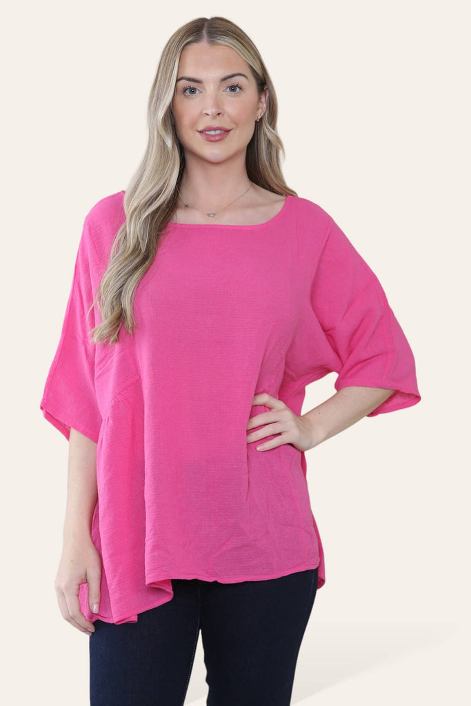 PURE COTTON PLAIN BASIC TOP WITH RUCHED SIDES: PINK